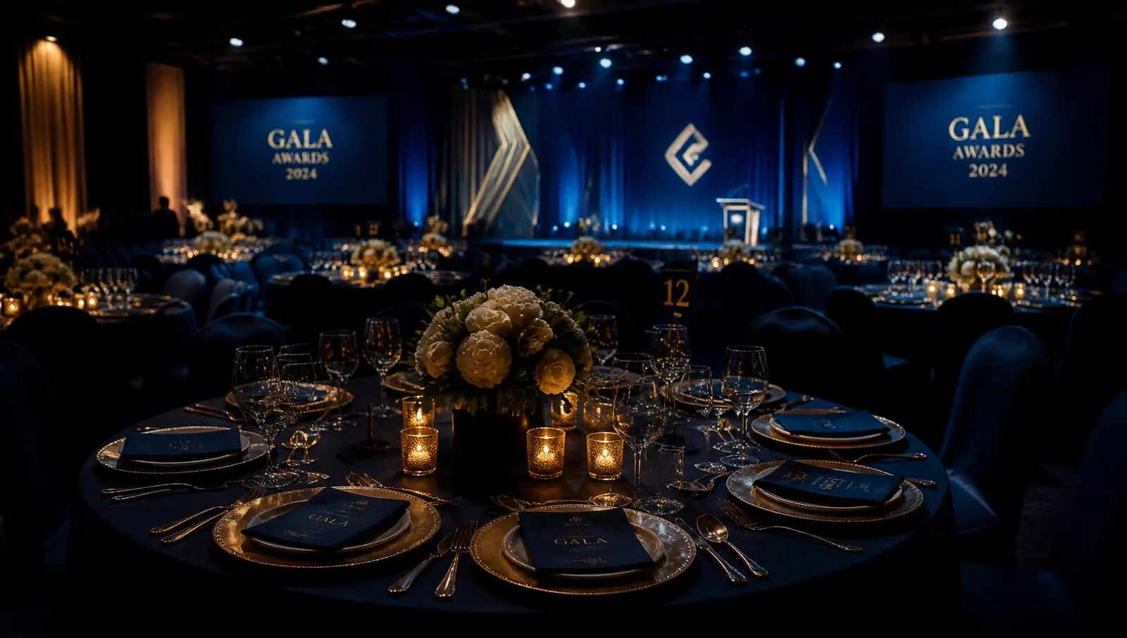 Formal gala event hall prepared for guests
